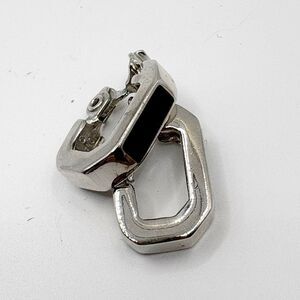 Vintage Monet Black Enamel Polished Silver Tone Hoop Earrings Signed